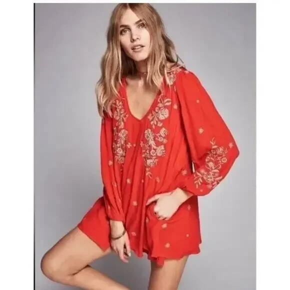 Free People Sweet Tennessee Red Dress. Embroidered mini boho dress. - Picture 7 of 7